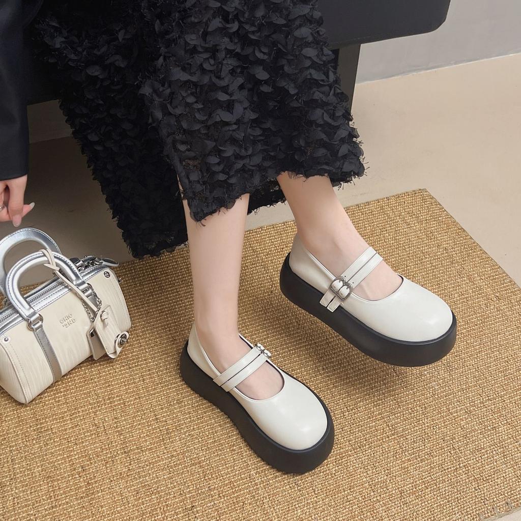 French Muffin Platform Small Leather Shoes Women's 2025 Summer and Autumn New Round Head Height Increase Versatile with Skirt Mary Jane Single Shoes