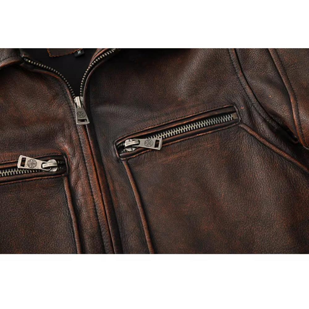 Chinese Size Vintage Red Browm Genuine Leather Jacket Light Coated First Layer Cowhide  Men Leather Jacket Fall and Winter