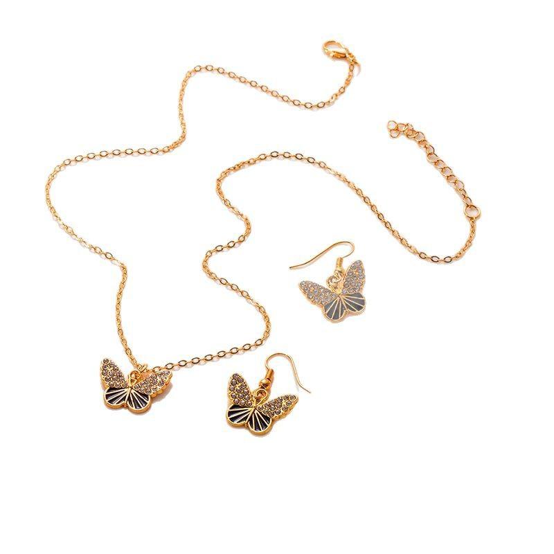 Simple Full Diamond Earrings Necklace Set Retro Love Butterfly Collarbone Chain Ear Hook Women'S Fashion Versatile Jewelry