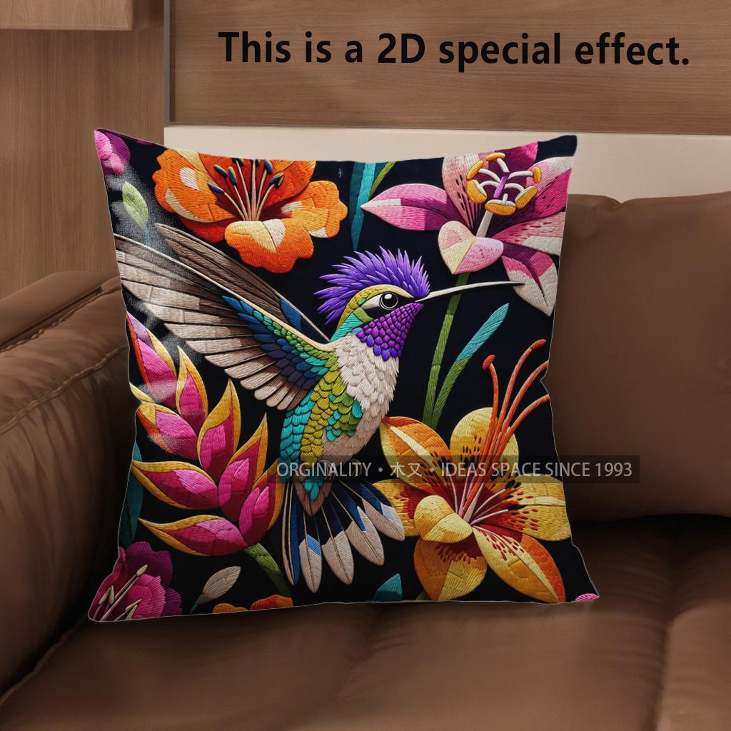 2D Vintage Hummingbird Floral Throw Pillow Covers Pattern Cushion Cover Suitable For Sofa Bedroom Car Pillow Cover