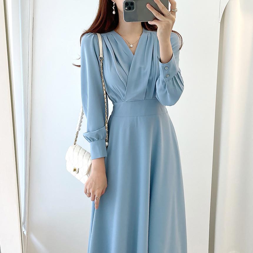 Harajuku V-neck Puff Sleeve A-line Maxi Dresses for Woman Women Solid Color Midi Robe Korean Office Dresses Elegant Spring 2026