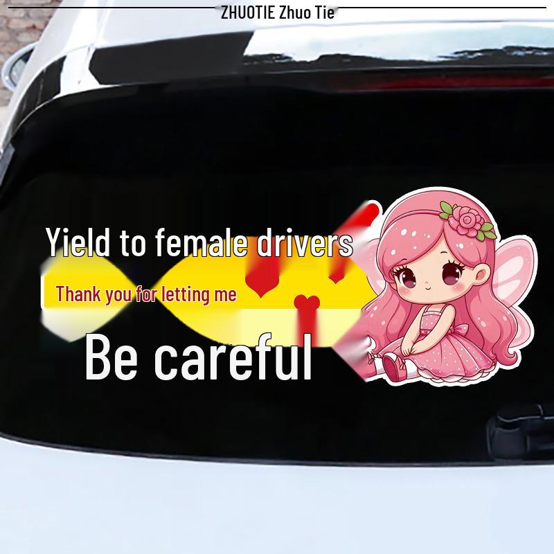 Reflective Cute Cartoon Text Sticker: 'Yield to Female Drivers' - Waterproof Rear Windshield Accessory
