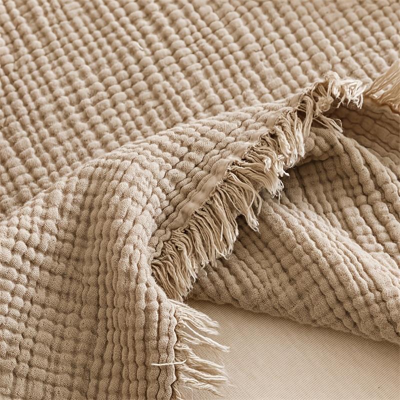 Coperta Morbida Traspirante in Mussola Waffle di Cotone 100% con Frange per Divano Letto Ufficio Viaggio