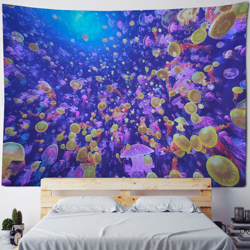 Underwater Jellyfish Wall Tapestry, Dreamy Cartoon Style, Children's Room Background Poster, Home Decoration Mural, Bed Sheets