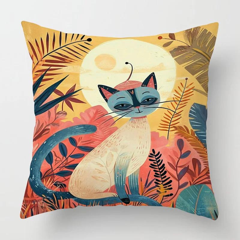 Home Decor Cat & Tropical Plant Patterned Pillow Covers Pattern Cushion Cover Suitable for Sofa Bedroom Car Pillow Cover