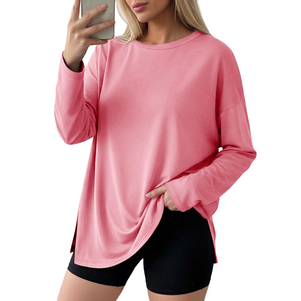 Women Casual Loose Fit Long Sleeve T Shirt Split Hem Crew Neck Plain Pullover Top Lightweight Comfortable Fabric