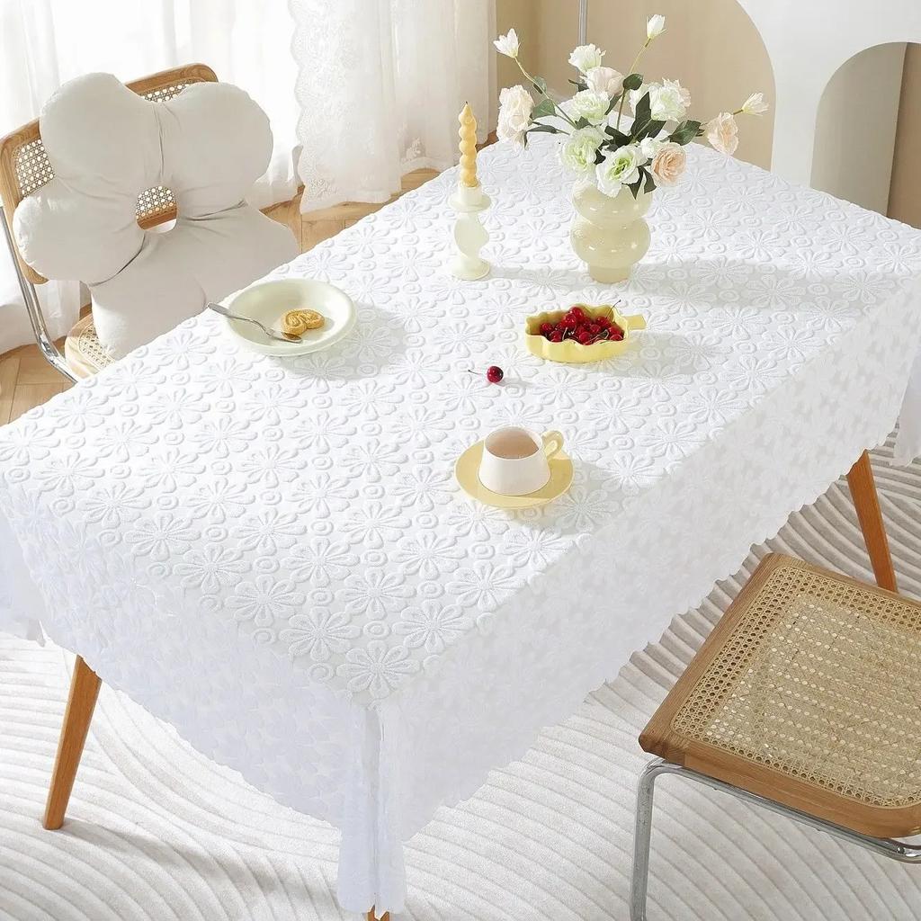 Lace Cotton Dining Square Tablecloth White Printed Tea Table Cloth with Wavy Edges European Rectangular Knit Background Fabric