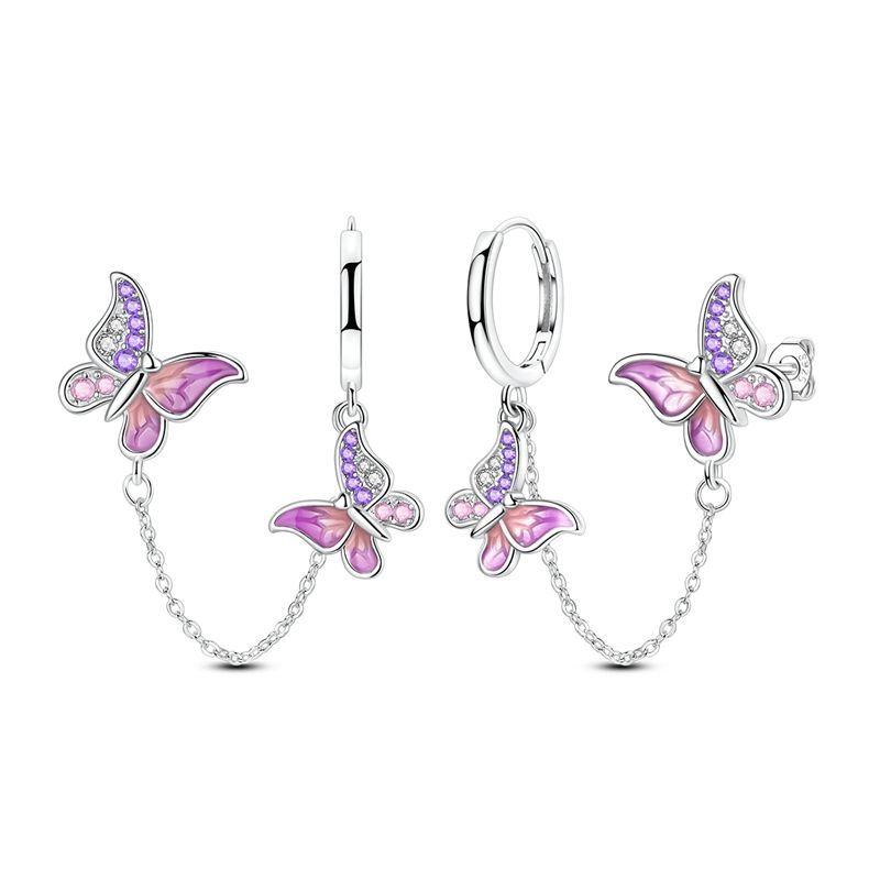 Luxury 925 Silver Pink Bowknot Stud Earrings Diamond Flower Heart Hoop Earrings for Women Sweet Fine Jewelry Gift