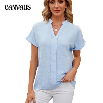 Sommer-Damenhemd, einfarbig, V-Ausschnitt, kurzärmeliges Hemd, lockeres, lässiges Chiffon-Hemd