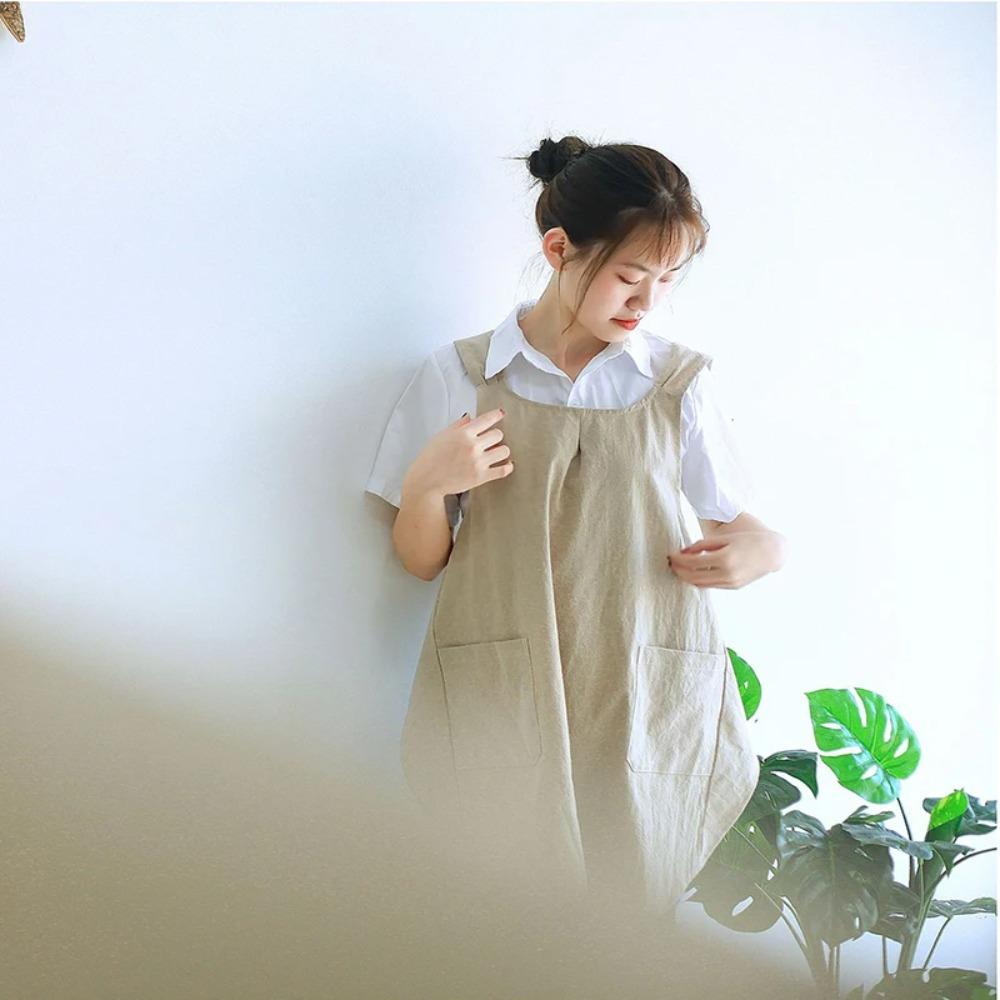 Japanese Style Cotton Linen Apron with Pocket Workwear Simple Smock  Kitchen Cooking