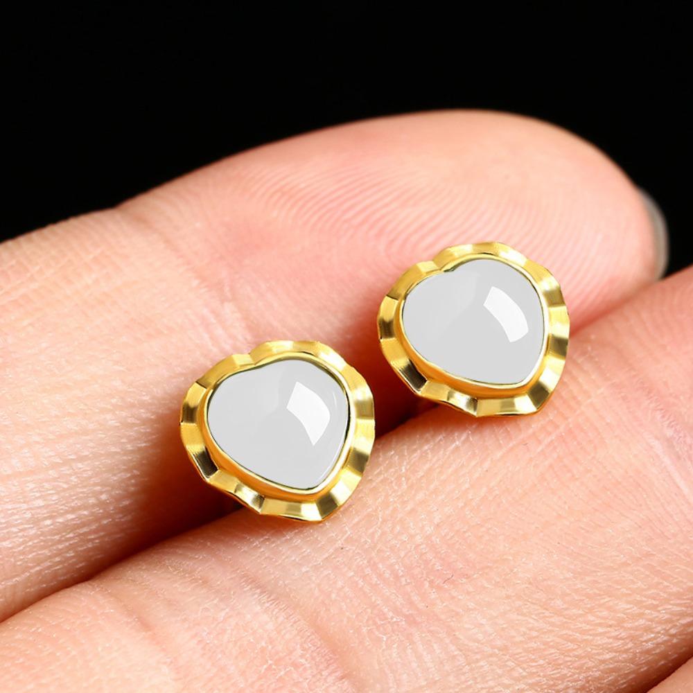 Vintage Gold Plated Jasper Stud Earrings Women White Jade Gold Agate Inlaid Elegant Dainty Jewelry Gift