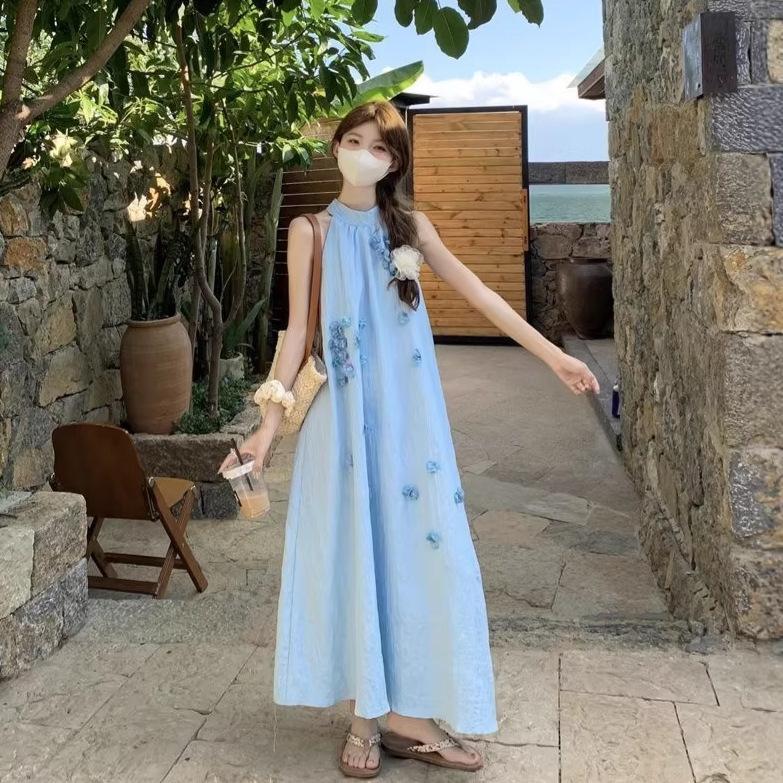 Blue neck sling dress for women Xia Gaozhi wears dopamine bright Xinjiang seaside vacation beach dress