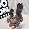 Fashion Women Platform Ankle Boots Mid Heels Leather Pleated Shoes Woman 2024 Trend Snow Boots New Goth Winter Motorcycle Boots Mujer