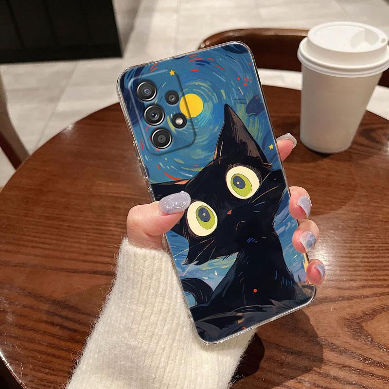 Retro Oil Painting Starry Sky Cat Clear Phone Case For Samsung Galaxy A56 A57 A37 A55 A54 A36 A35 A26 A25 A16 A17 A07 A52 Cover