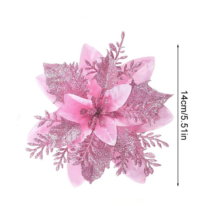 10Pcs/Pack Christmas Flowers Sparkling 14CM with Clips Xmas DIY Glitter Poinsettia Wreath