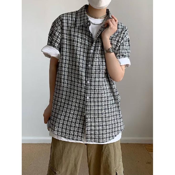 Letní Nová Kostkovaná Košile Pánský Styl Retro Americká Košile s Krátkým Rukávem Japonská Košilová Bunda