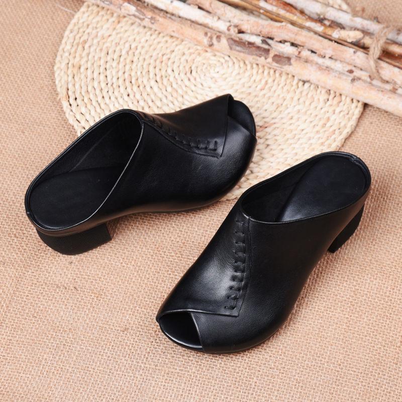 Thick-Heeled Soft Leather Outer Slippers Fish Mouth Comfortable Versatile Mid-Heeled Women Sandals Women'S Mother'S Shoes Women