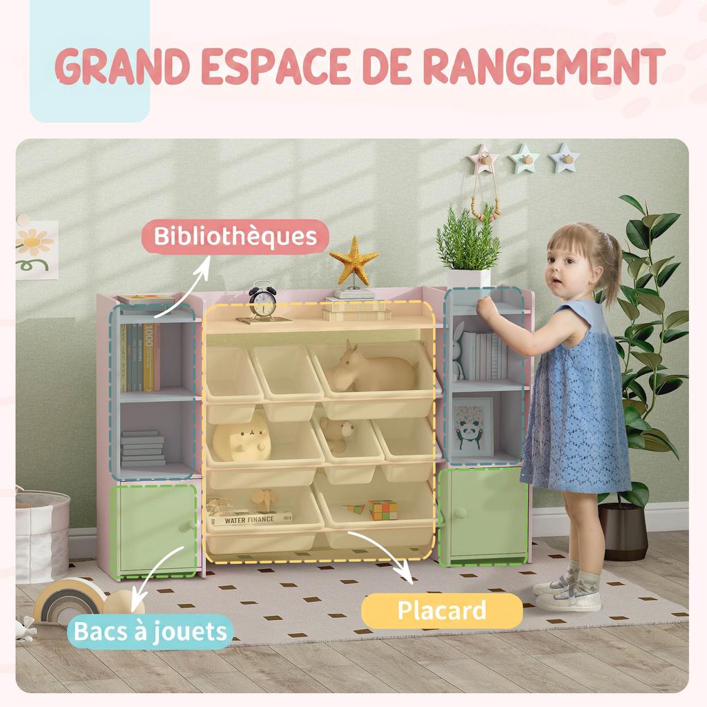 Children's Storage Unit, Toy Storage Shelf, 8 Removable Bins, 140 x 30 x 90 cm, Pink