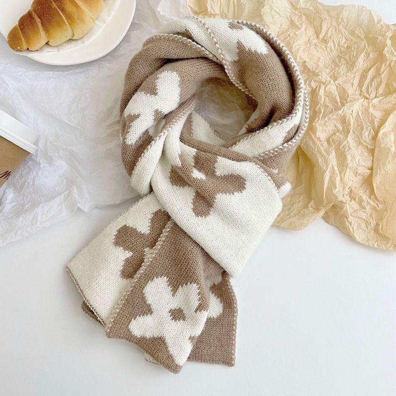 

Autumn Winter Floral Pattern Imitation Cashmere Scarf for Women Korean-Style Knit Scarf Japanese-Style Warm Thickened Neck Warmer хаки
