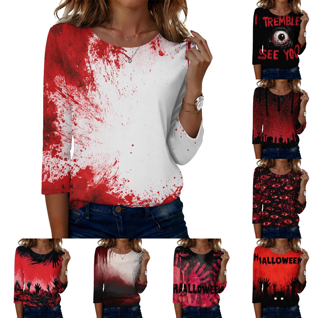 Women's Casual Crew Neck Three Quarter Sleeve Halloween Graphic T-Shirt Top Lightweight Comfortable Fit for Everyday Wear