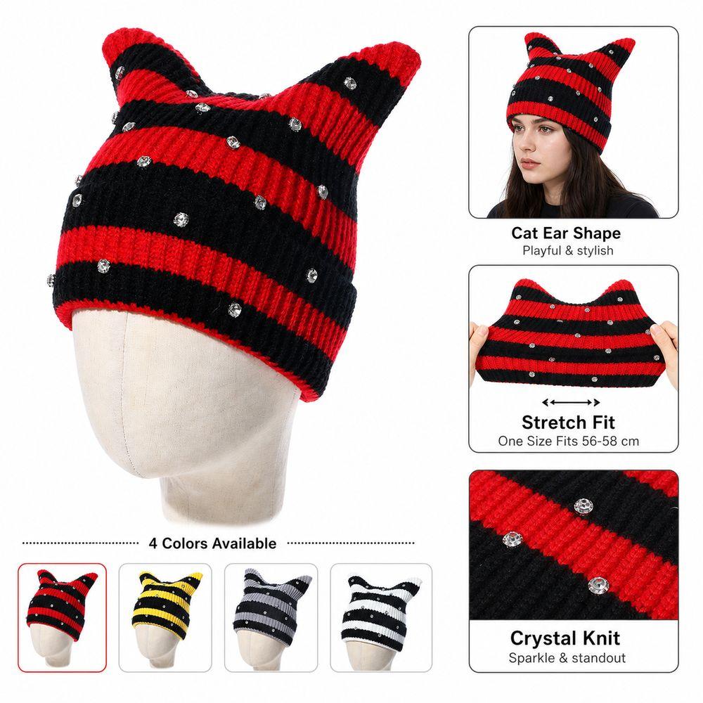 Gifts Yarn Cat Ear Beanie Crystal Y2K Harajuku Striped Hat Punk Gothic Stretchable Knit Knitted Skull Cap Casual Streetwear