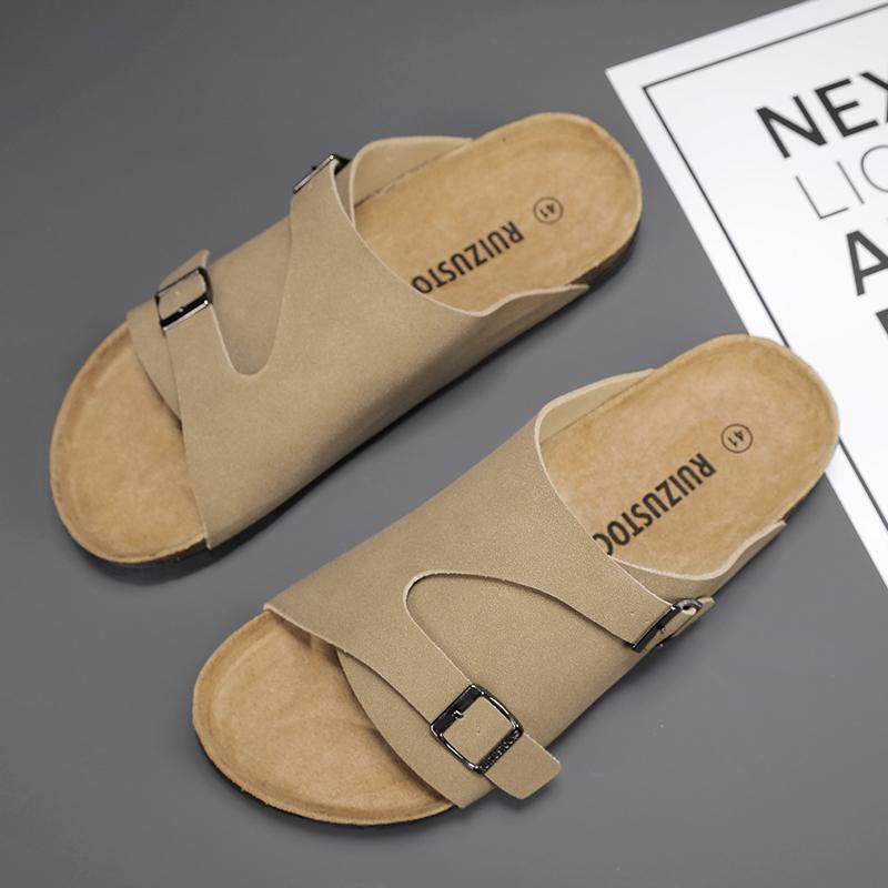 2024 New Summer Men's Cork Slippers Casual Beach Double Buckle Anti Slip Outer Matte Leather Casual Slippers Size 39-45