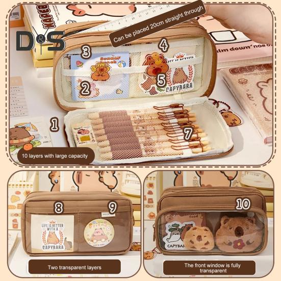 Capybara Pencil Case Large Capacity Multi-Layer Canvas Pen Bag with Compartments Waterproof Material DIY Pencil Case Kit