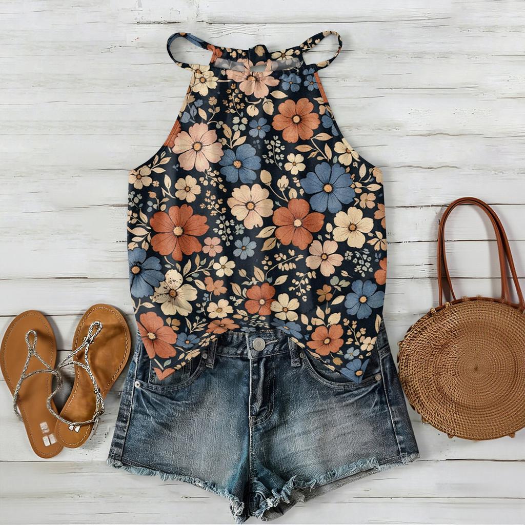 Damen Boho Blumenmuster Ärmelloses Tanktop Sommerlich Lässig Strandkleidung Leicht Locker Sitzende Bluse mit Verstellbaren Trägern