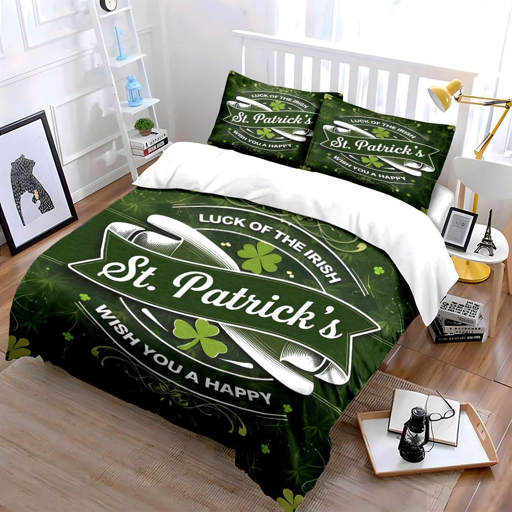 3Pcs St. Patrick's Day Bedding Set, Green Shamrock "Luck of the Irish" Print Duvet Cover Set, Festive Irish Holiday Pattern