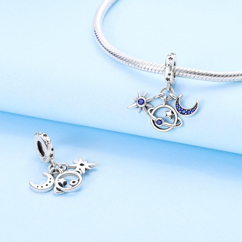 Charms Copper Blue Starry Sky Planet Star Moon Pendants Fit Charms Plata Original Bracelet Women Jewellery Making Gifts