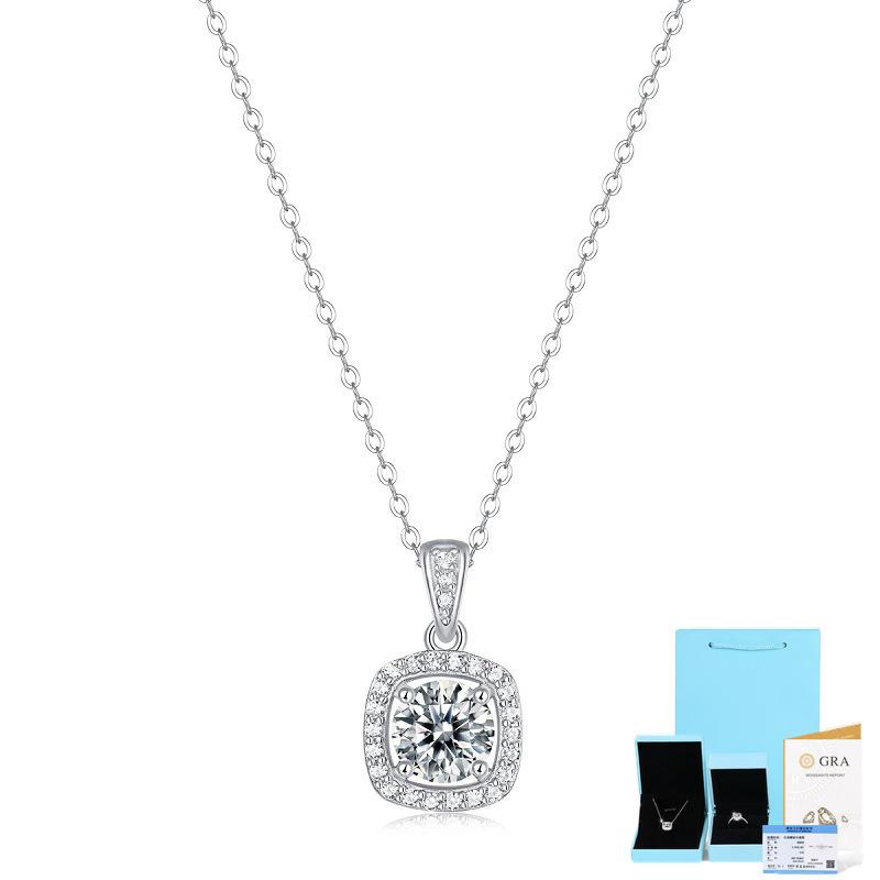 Bague Ringen S925 Silver Set 1ct Moissanite Square Bag Pendant With European And American Collarbone Chain