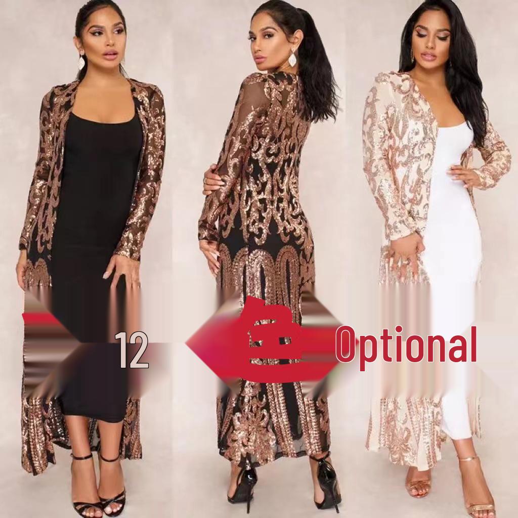 

Cross-Border Women s Sequin Mesh Cardigan: Long Beaded Party Wear, See-Through with Long Sleeves. M