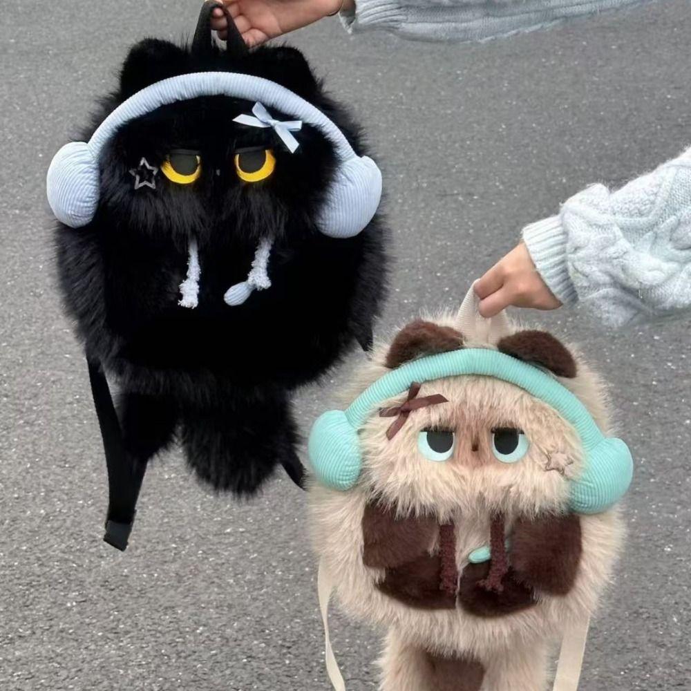 Kawaii Siamese Cat Plush Backpack Cute Student School Bag Simulation Animal Shoulder Bag  Travel