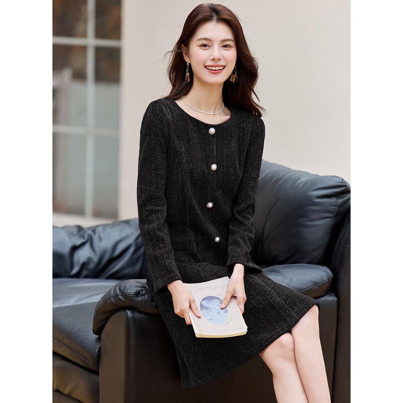 Sanpowa Women s Elegant Round Neck Long Sleeve A-line Midi Dress L
