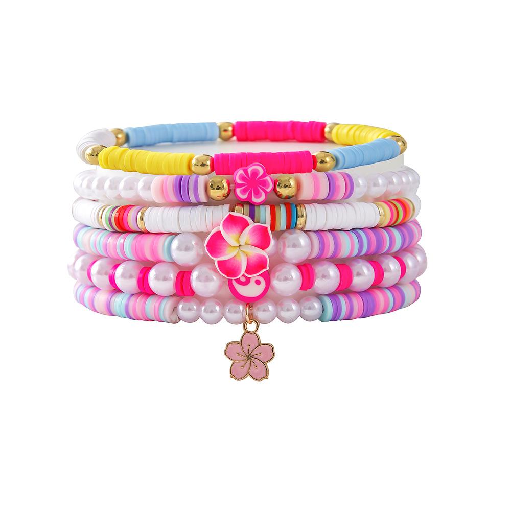 College Style Color Soft Pottery Flower Shell Bracelet Set Sweet and Cute Marine Element Pearl Elastic Bracelet Women