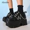 Mode Gothic Punk Klobige Sneaker für Damen PU Schwarz Kettendekor Plateau Freizeitschuhe Frau Dicke Sohle Rutschfeste Sneaker Größe 35-42