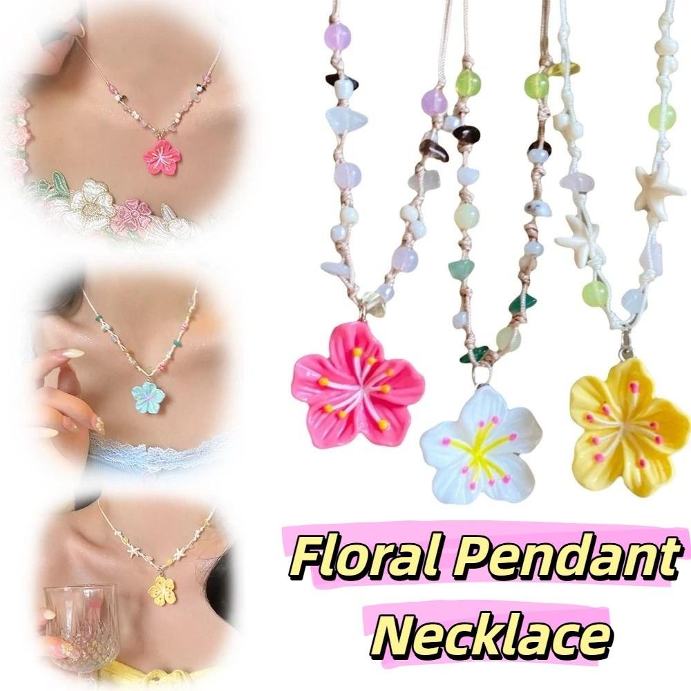 Pink Pearl Cherry Blossoms Pendant Necklace Colorful Beaded Green Leaf Flower Pendant Necklace Resin Pendant Clavicle Chain
