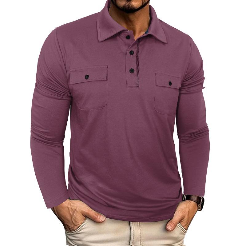 Men Long Sleeve Pocket Lapel Collar Casual Polo Shirt Outdoor Leisure Mens Top
