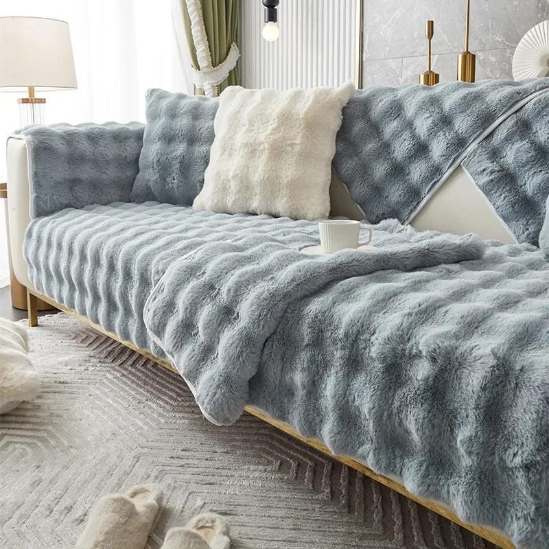 

Полный комплект диванных подушек из плюша с кроликом. Оптовые зимние утолщенные комплекты тканевых салфеток, плюшевые подушки, противоскользящие чехлы для диванов. 70x90cm серый