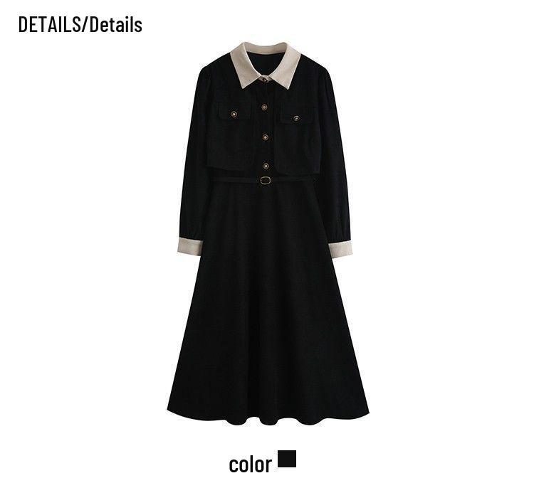 Elegant French Retro Waist-Cinched Corduroy Dress for Women - Slimming, Two-Piece Faux Design for Spring and Autumn