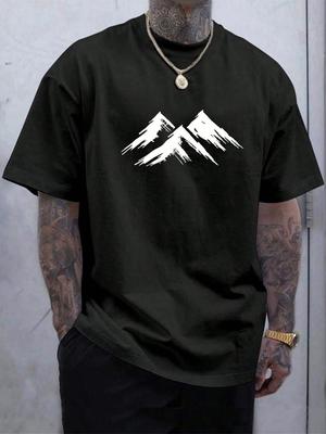 T-shirts 100% Coton Homme Été Décontracté Minimaliste Impression Montagne Manches Courtes T-shirt Harajuku Surdimensionné T-shirt Vêtements Homme
