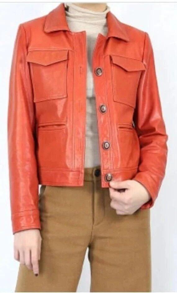 

Рубашка ручной работы оранжевая повседневная стильная байкерская из натуральной овчины оригинальная кожа мягкая женская 3XL