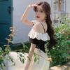 Elegant One-Shoulder Color Block Spaghetti Strap Dress – Women's Slimming, Waist-Cinched Long Dress for Early Spring