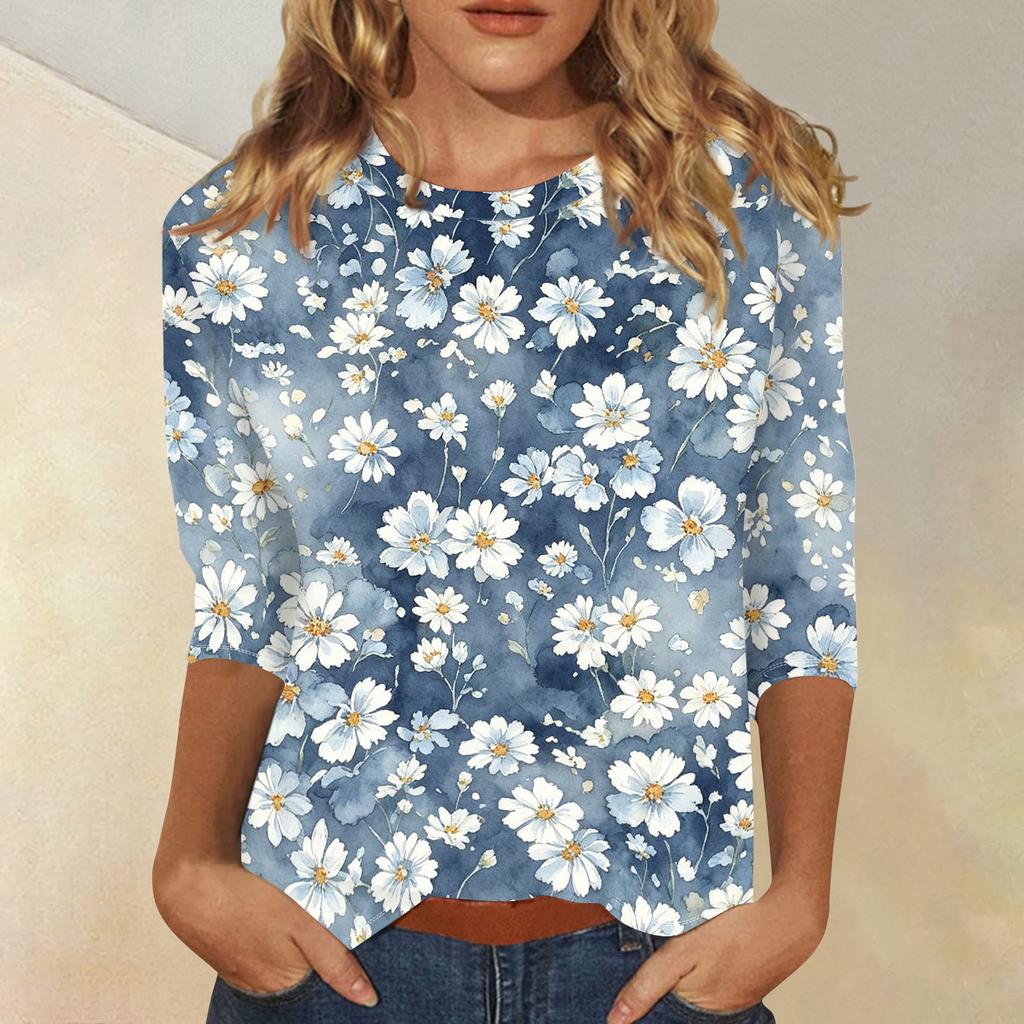Top da Donna Casual a Manica a Tre Quarti con Stampa Floreale Girocollo Vestibilità Larga Pullover Camicetta Leggera per l'Uso Quotidiano