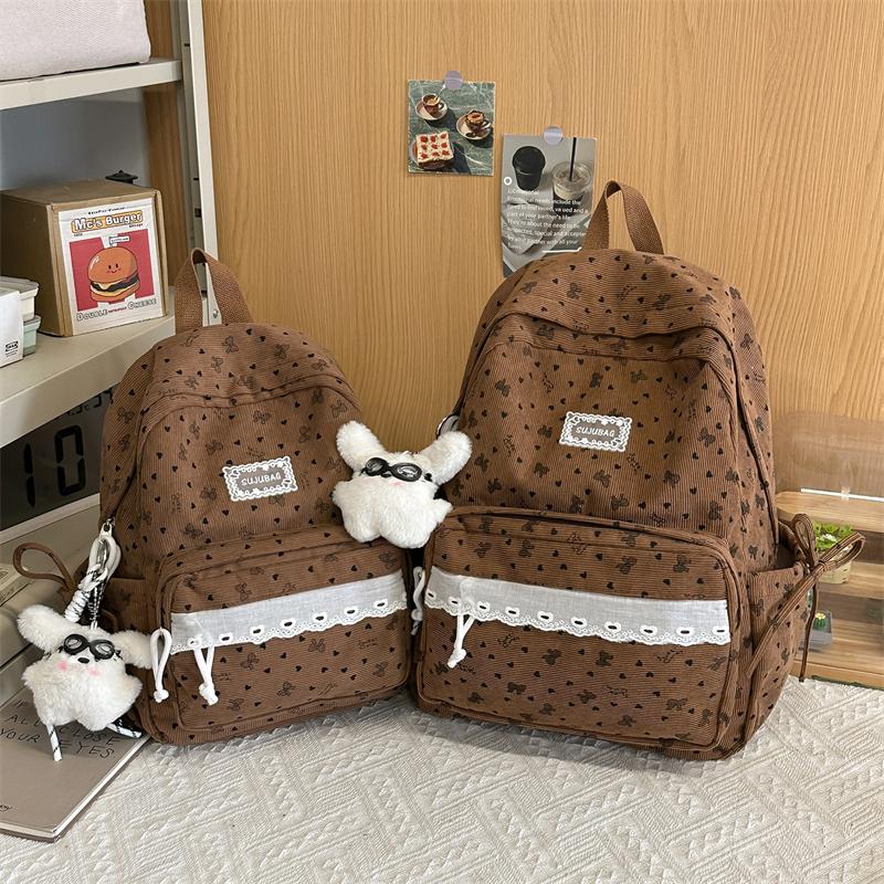 College Style Bow Print Schoolbag Women's Corduroy Backpack Large Capacity Student Backpack