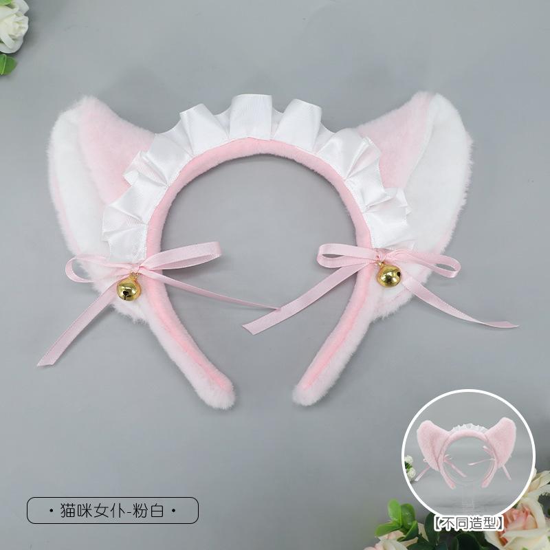 Fatto a mano ragazza Lolita Comic-Con copricapo pizzo fiocco accessori cameriera simulazione orecchie da gatto cerchietto coda da gatto costume