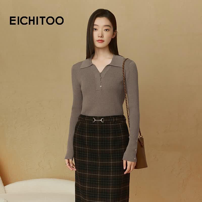 EICHITOO Women s Solid Polo Collar Long Sleeve Knit Top M