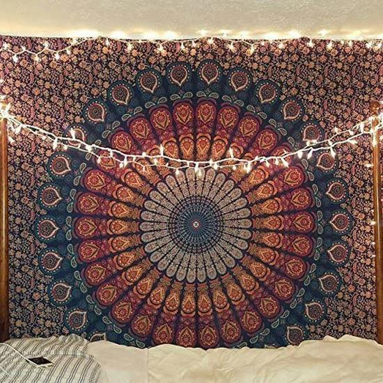 Golden Indian Bohemian Peacock Mandala Tapestry Wall Hanging