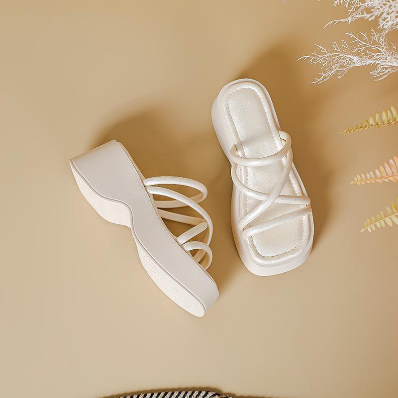 thick-soled muffin shoes Roman fairy style sandals women's summer new heightened slope heel square head cross with cool slippers