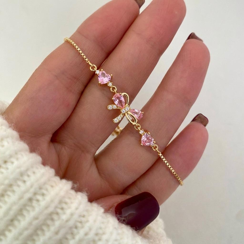New Cute Romantic Pink Sakura Pendant Necklaces for Women Y2K Sweet Synthetic Zircon Flowers Bracelet Charms Wedding Jewelry Set